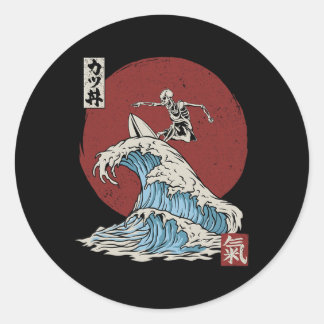Pegatina Redonda Esqueleto surfeando La gran ola de Kanagawa J