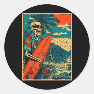 Pegatina Redonda Esqueleto Surfista de Surf Retro Playa Hawaiana Su