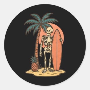 Pegatina Redonda Esqueleto Surfista Surf Vintage Divertido Hallowee