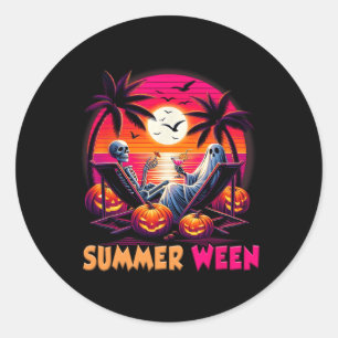 Pegatina Redonda Esqueleto Vibe de Playa Halloween de Verano-ween A