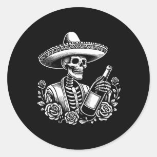 Pegatina Redonda Esqueleto vintage Tequila México Dia De Los Muerto