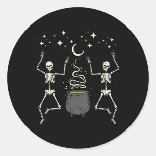 Pegatina Redonda Esqueletos de Halloween Dance Witch Cauldron Costu