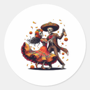 Pegatina Redonda Esqueletos del Día De Los Muertos bailando el Día