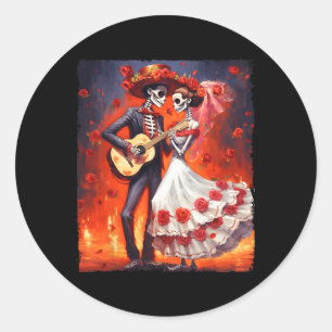 Pegatina Redonda Esqueletos del Día De Los Muertos bailando el Día