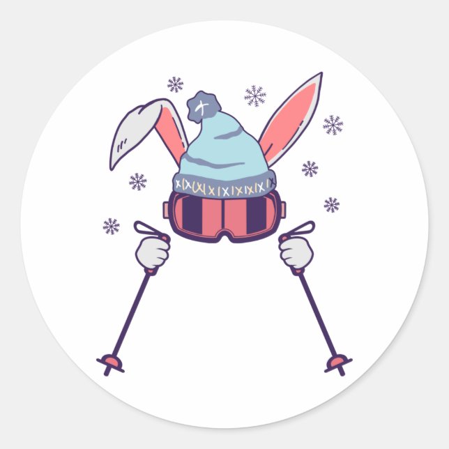 Pegatina Redonda Esquí Conejo con polos de esquí casero (Anverso)