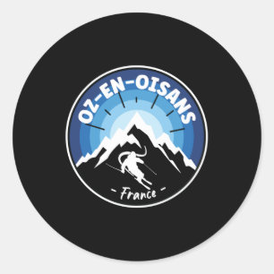 Pegatina Redonda Esquí En Oz-en-Oisans Francia Azul