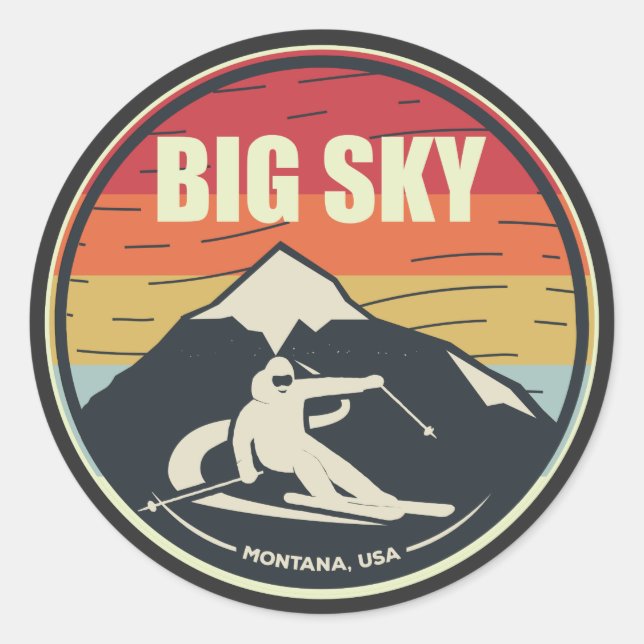 Pegatina Redonda Esquí Retro Big Sky Montana USA (Anverso)