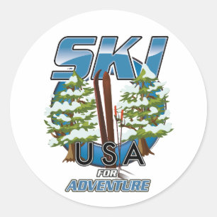 Pegatina Redonda Esquí USA para logotipo de aventura.