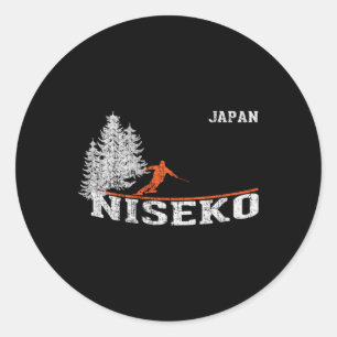 Pegatina Redonda Esquí vintage al estilo de los 80 en Niseko Japón