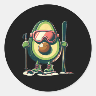 Pegatina Redonda Esquiador de aguacate con gafas postes de esquí bo