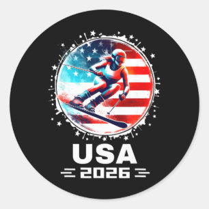 Pegatina Redonda Esquiador Equipo De Esquí Usa 2026 Esquí Bandera A