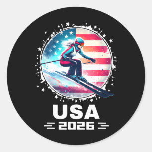 Pegatina Redonda Esquiadora Equipo De Esquí Usa 2026 Esquí Bandera