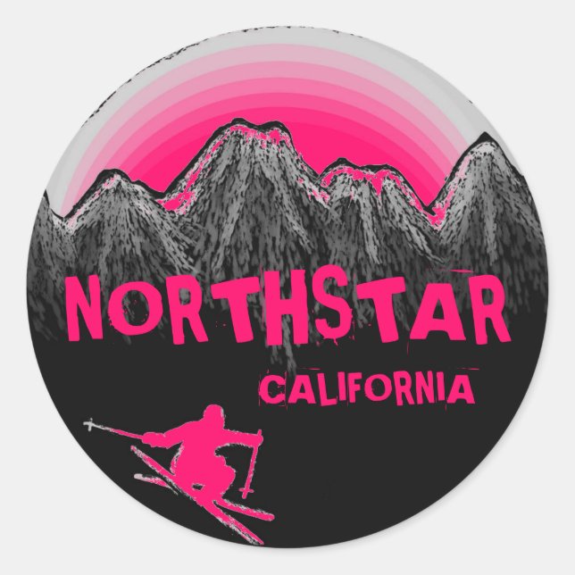 Pegatina Redonda Esquiadores de tema rosa de Northstar California (Anverso)
