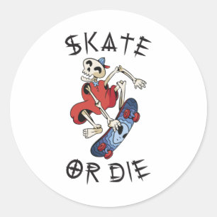 Pegatina Redonda Esquiar o morir divertido Skeleton Skateboarder