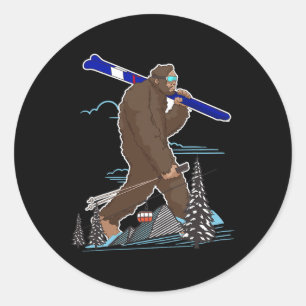 Pegatina Redonda Esquiar Pie Grande Funny Sasquatch Ski Para Skie D