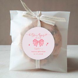 Pegatina Redonda Está atando la ducha de novia Rubor Pink Bow