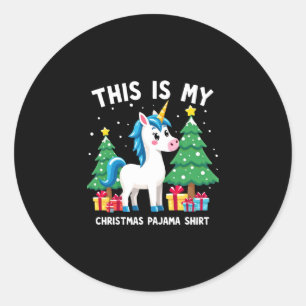 Pegatina Redonda Esta es Mi Camiseta de Pijama de Navidad Unicornio