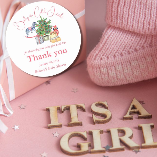 Pegatina Redonda Está frío fuera del Chica Baby Shower rosa inverna (Subido por el creador)
