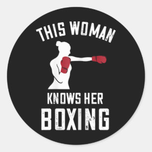 Pegatina Redonda Esta mujer sabe boxeo boxeador kickboxing guantes