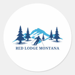 Pegatina Redonda estación de esquí lodge montana roja esquiador esq