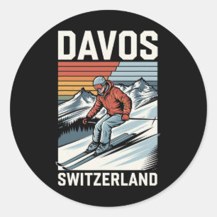 Pegatina Redonda Estación de esquí Suiza Retro Davos