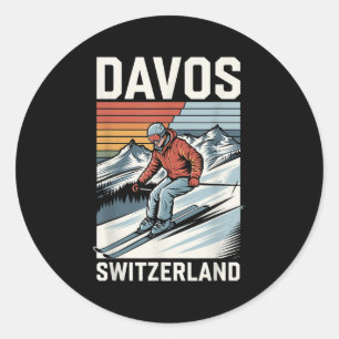 Pegatina Redonda Estación de esquí Suiza Retro Davos, esquí alpino