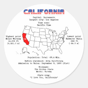 Pegatina Redonda Estado norteamericano de California en un mapa e i