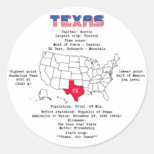 Pegatina Redonda Estado norteamericano de Texas en un mapa e inform