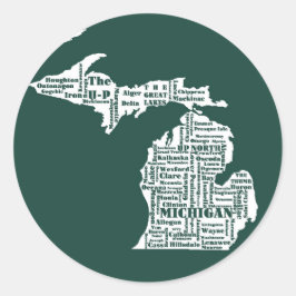 Pegatina Redonda Estado Verde de las ciudades de Michigan