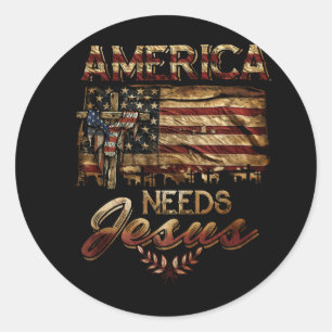 Pegatina Redonda Estados Unidos necesita a Jesús Patriótico Bandera