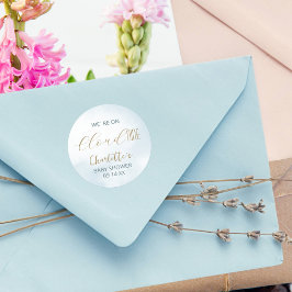 Pegatina Redonda Estamos en Cloud 9 Elegant Script Blue Baby Shower