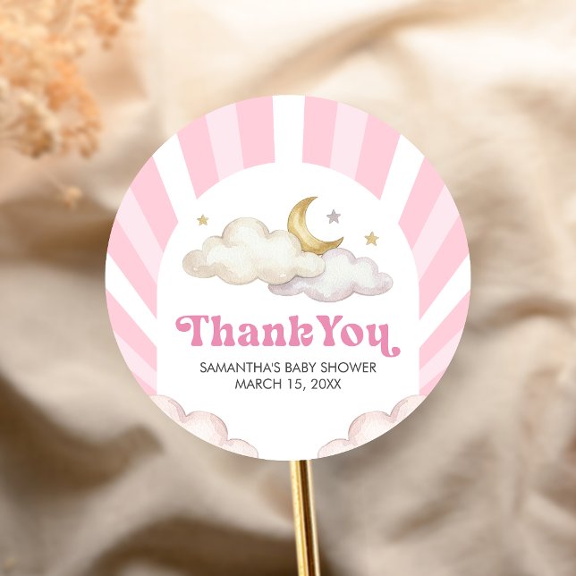 Pegatina Redonda Estamos sobre la Luna Fiesta de Bebé (Over the Moon Baby Shower Sticker)