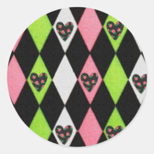 Pegatina Redonda Estampado de Arlequín Colorido con Corazones de Ro