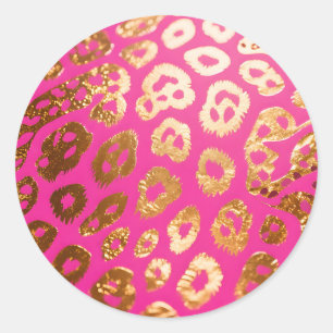 Pegatina Redonda Estampado de leopardo dorado rosa caliente Glam