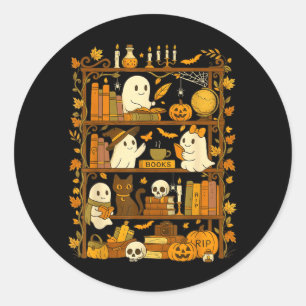 Pegatina Redonda Estante Retro Gato Negro Halloween Fantasma Lectur