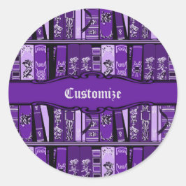 Pegatina Redonda Estantes de libros morados libros antiguos