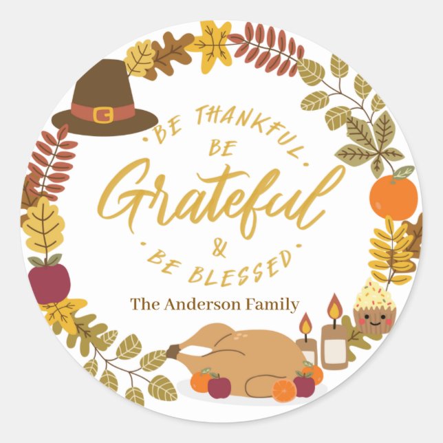 Pegatina Redonda estar agradecido y ser bendecido (Anverso)