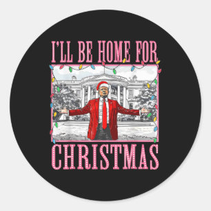 Pegatina Redonda Estaré en casa para los Navidades Santa Funny Trum