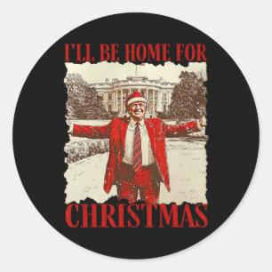 Pegatina Redonda Estaré en casa para los Navidades Santa Funny Trum