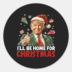 Pegatina Redonda Estaré en casa para los Navidades Santa Funny Trum