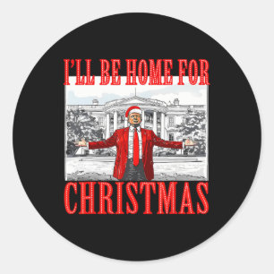Pegatina Redonda Estaré en casa para los Navidades Santa Funny Trum