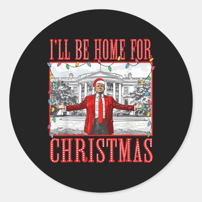 Pegatina Redonda Estaré en casa para los Navidades Santa Funny Trum (Anverso)