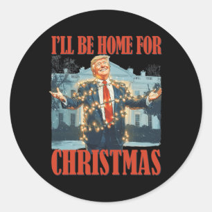 Pegatina Redonda Estaré en casa para los Navidades Santa Funny Trum
