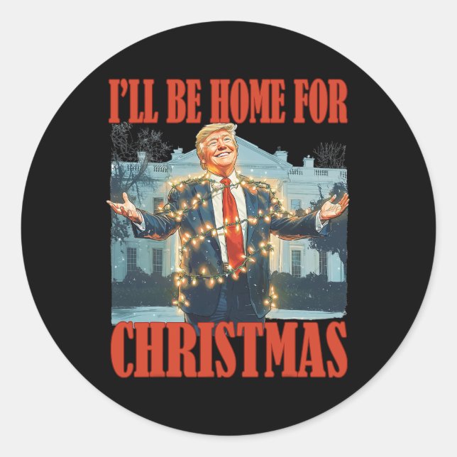 Pegatina Redonda Estaré en casa para los Navidades Santa Funny Trum (Anverso)