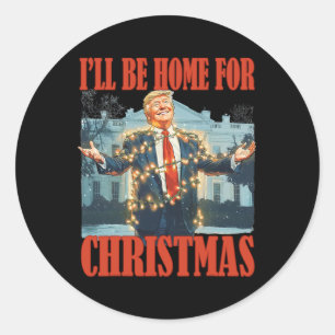 Pegatina Redonda Estaré en casa para los Navidades Santa Funny Trum