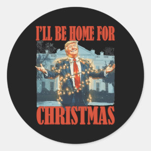 Pegatina Redonda Estaré en casa para los Navidades Santa Funny Trum