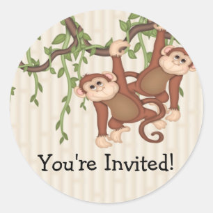 Pegatina Redonda ¡Estás invitado! Baby Shower de gemelos Monkeys
