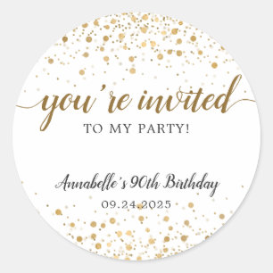 Pegatina Redonda Estás invitado Fiesta Gold Confetti Dots Cumpleaño
