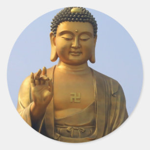 Pegatina Redonda Estatua de Buda en cielo azul, mano levantada