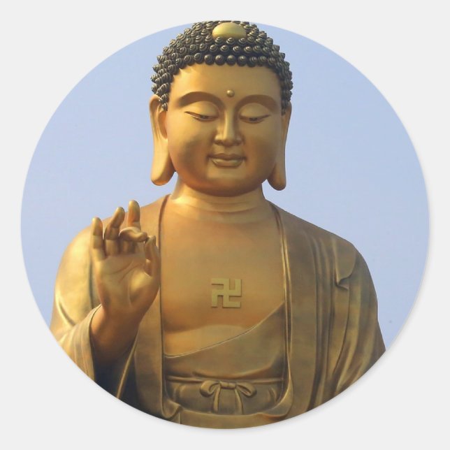 Pegatina Redonda Estatua de Buda en cielo azul, mano levantada (Anverso)